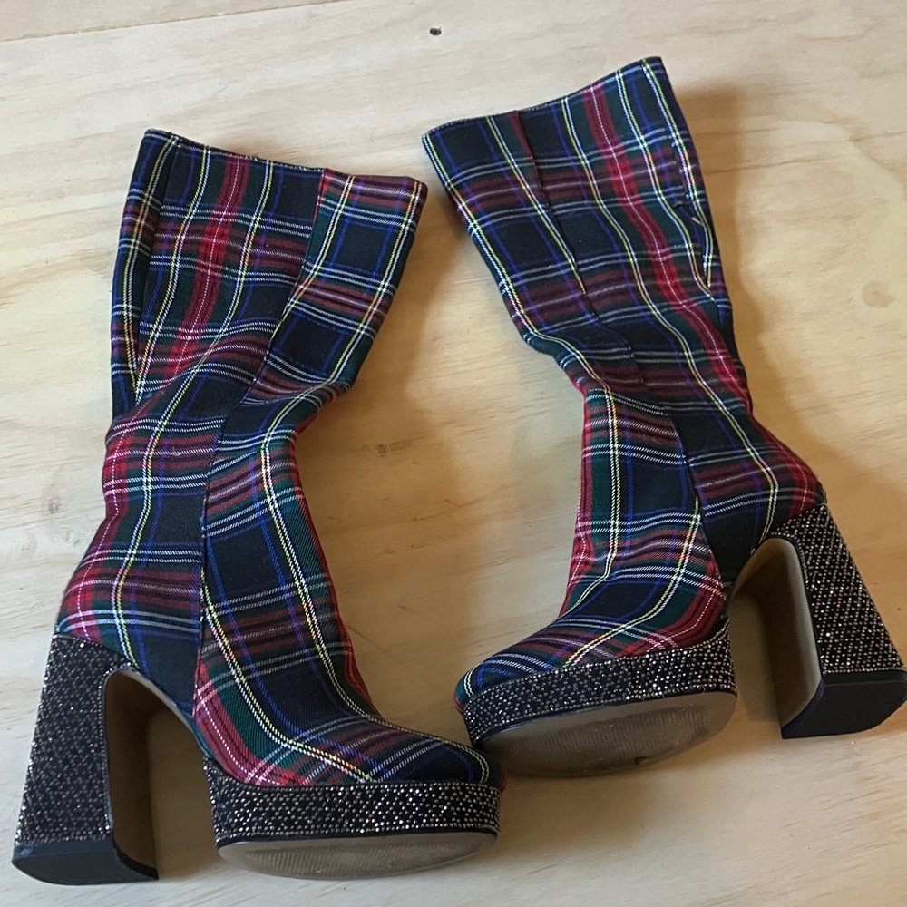 Betsey Johnson Multicolor Plaid Heeled Boots rhinestone glam rock platform tall